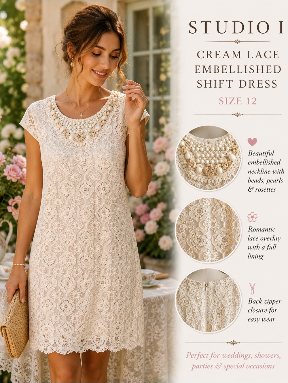 Studio I Cream Lace Embellished Shift Dress Size 12 Cottagecore Romantic Wedding